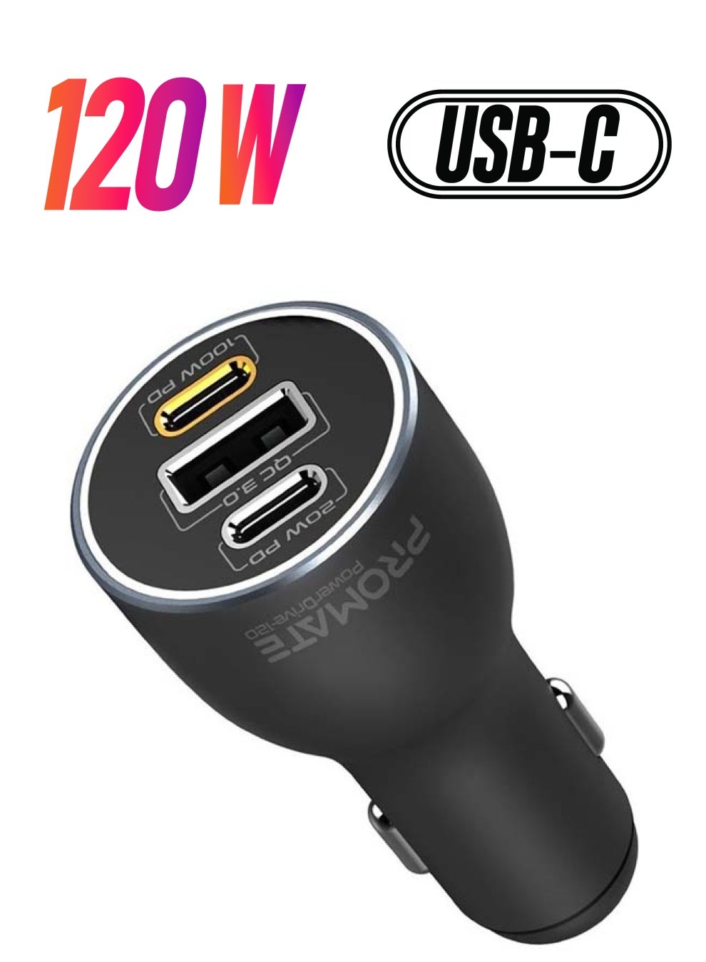 PROMATE Dual Type-C Super Fast Car Charger Adapter 120W Black 