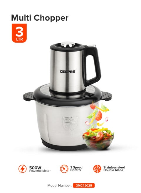 Multi-Functional Electric Food Chopper, Stainless Steel Double Blade, 3-Speed Control, Robust Stainless Steel Housing & Gear System, Overheat/Safety Protection, Anti-Slip Base, AC 220-240V, 50/60Hz, 3 L 3 L 500 W GMC42025N Black/Silver
