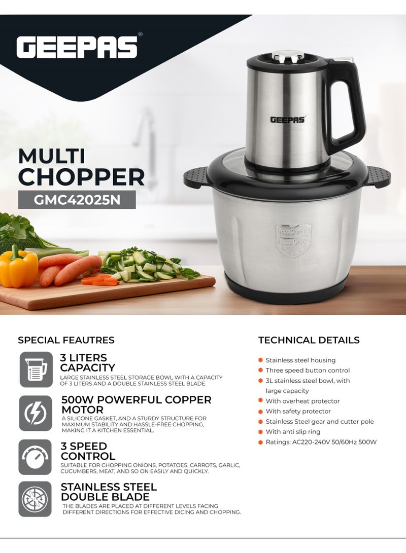 Multi-Functional Electric Food Chopper, Stainless Steel Double Blade, 3-Speed Control, Robust Stainless Steel Housing & Gear System, Overheat/Safety Protection, Anti-Slip Base, AC 220-240V, 50/60Hz, 3 L 3 L 500 W GMC42025N Black/Silver