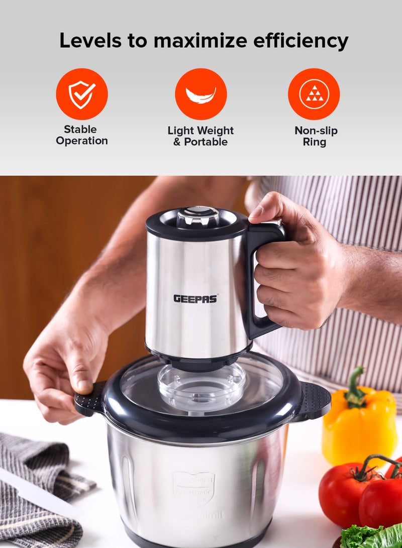 GEEPAS Multi-Functional Electric Food Chopper, Stainless Steel Double Blade, 3-Speed Control, Robust Stainless Steel Housing & Gear System, Overheat/Safety Protection, Anti-Slip Base, AC 220-240V, 50/60Hz, 3 L 3 L 500 W GMC42025N Black/Silver  - Image 5