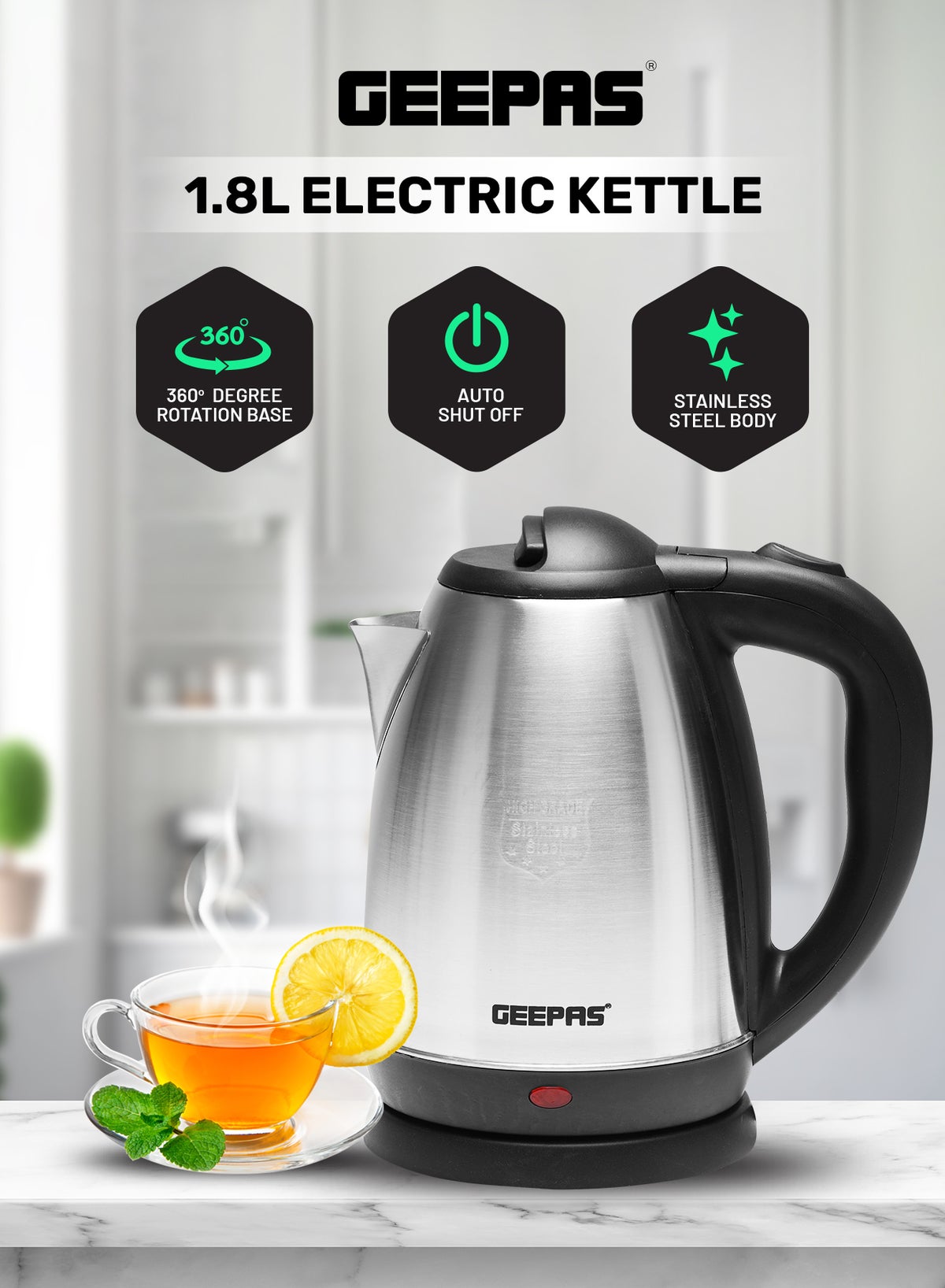 GEEPAS Electric Tea Kettle L, Auto Shut Off And Boil Dry Protection,  Safety Lock Lid, 360 Degree Rotational Base, Stainless Steel, Ergonomic