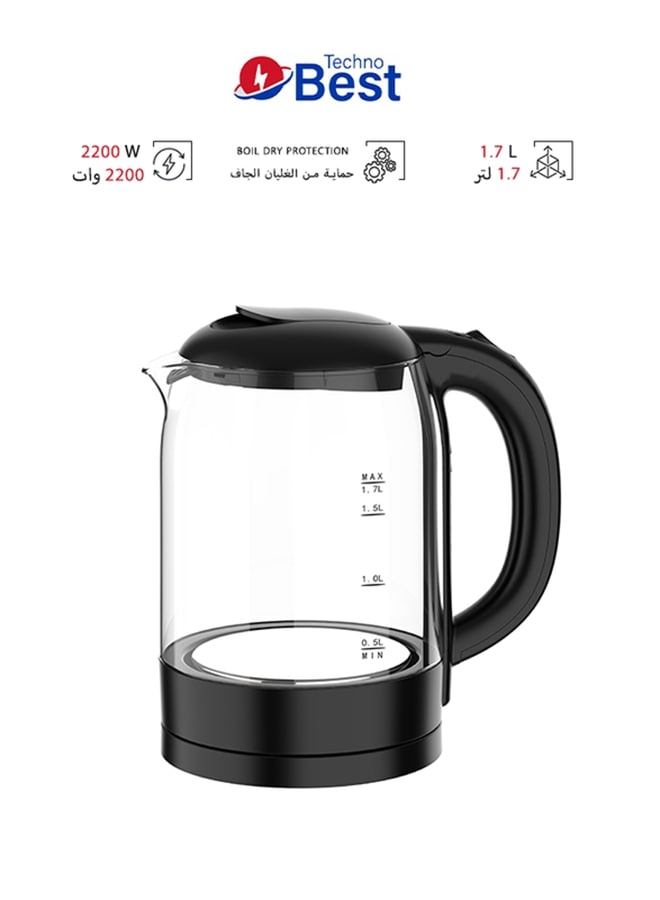 تكنو بيست - غلاية كهربائية زجاجية 1.8 لتر 2200 وات dlc-38120 أبيض/شفاف/أحمر 1.7 L 2200 W BGK-001 أسود - Image 1