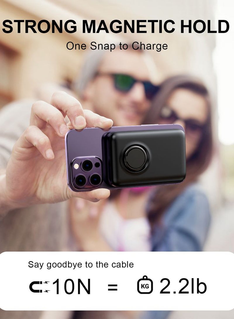 10000 mAh Magnetic Wireless 10000Mah  Fast Charging Power Bank | 20W Pd Fast Charging, 15W Wireless, Strong Ring Grip & Kickstand Feature, 3-Device Charging At Once, Smart Temp Control - Certified & Safe Black