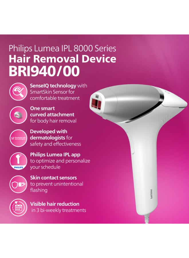 Philips - Philips Lumea IPL, Hair Removal, 8000 Series, Sense IQ Technology, Body Treatment Attachment, Corded Use, BRI940/00, 60 Days Money Back Guarantee White/Silver - Image 1