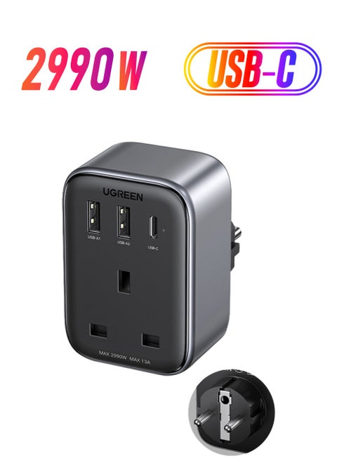 Travel Charger Adapter UAE/KSA/UK to European Plug Travel Converter 4-in-1 Charger with 3 USB Ports, Type G 3 Pin to Euro Type C Plug for Egypt, Kuwait, Algeria, Morocco, Europe,Thailand etc. Black