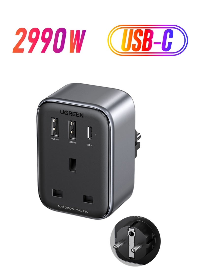 يو جرين محول شاحن سفر 4 في 1 مع 3 منافذ USB من النوع G 3 دبابيس الى قابس اوروبي نوع C لمصر والكويت والجزائر والمغرب واوروبا وتايلاند وغيرها  - Image 1