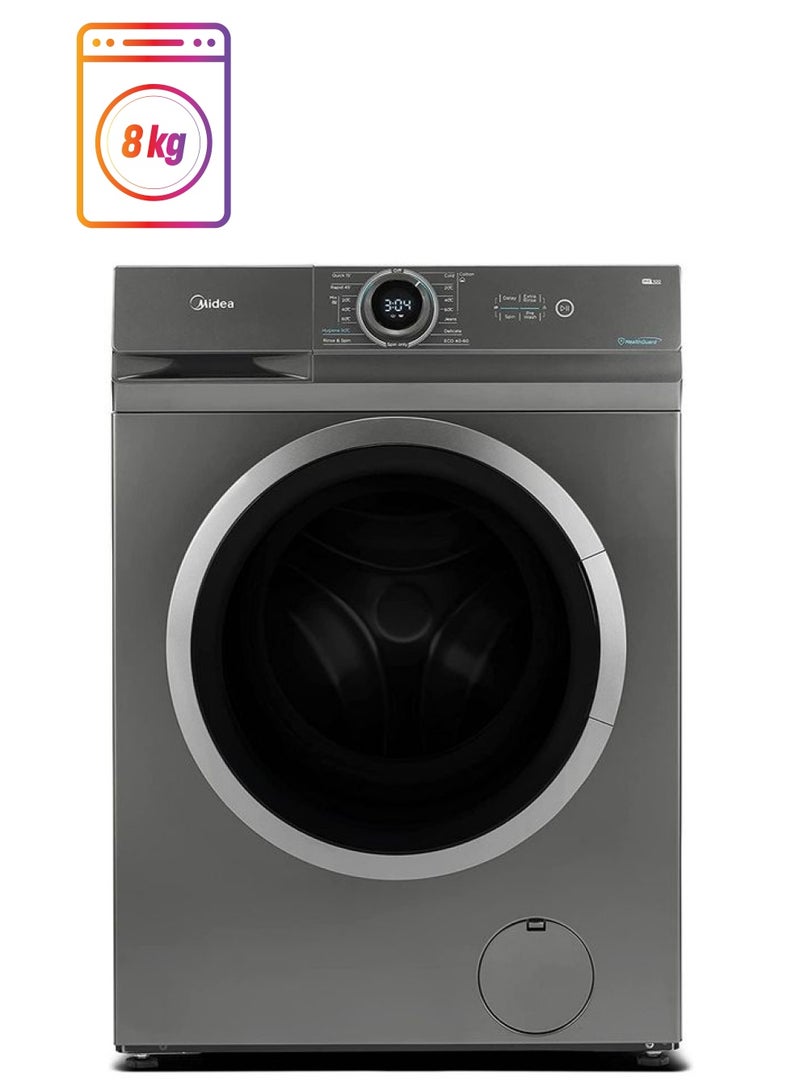 Midea - 8 Kg Front Load Fully Automatic Washing Machine With BLDC Inverter Motor, Lunar Dial, 1400 RPM, 15 Programs, Integrated Digital Control-LED Display, Multiple Temperature 8 kg MF100W80BT-GCC Grey - Image 1