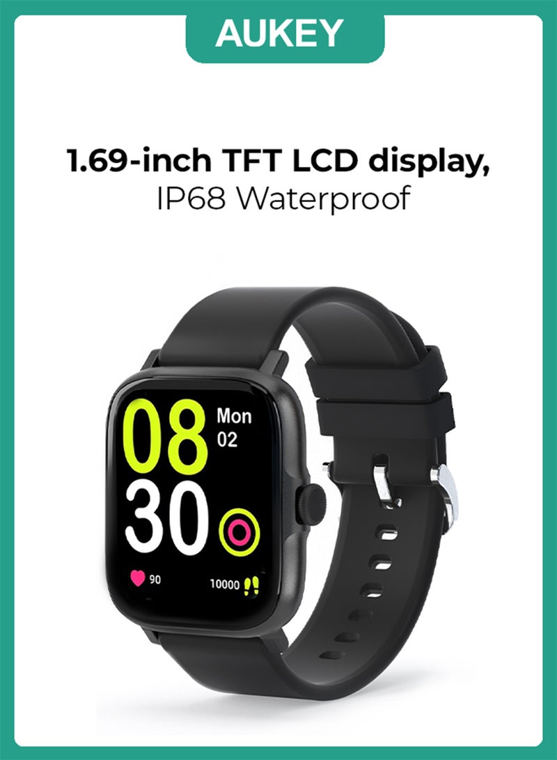 Aukey Smartwatch 1.69-inch TFT LCD display, IP68 Waterproof, 12 Days Battery Life Fitness Tracker with Sport & Health tracking & Customise faces SW-1P Black - Image 1
