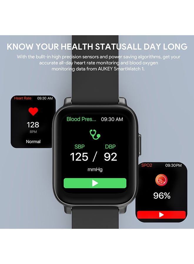 Aukey - Smartwatch with Calling Function, 1.69-inch TFT LCD display, IP68 Waterproof, 25 Days Battery Life Fitness Tracker with Sport & Health tracking & Customise faces SW-1 Black - Image 1