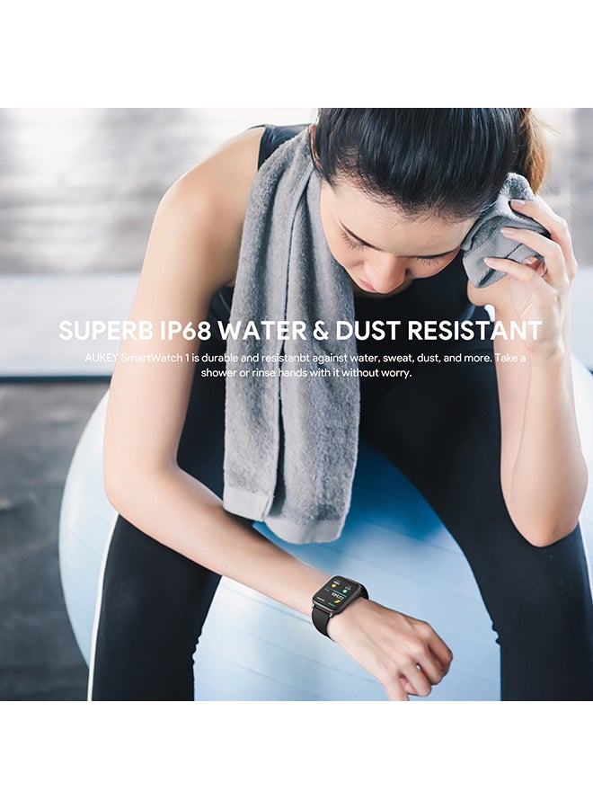 Aukey - Smartwatch with Calling Function, 1.69-inch TFT LCD display, IP68 Waterproof, 25 Days Battery Life Fitness Tracker with Sport & Health tracking & Customise faces SW-1 Black - Image 1