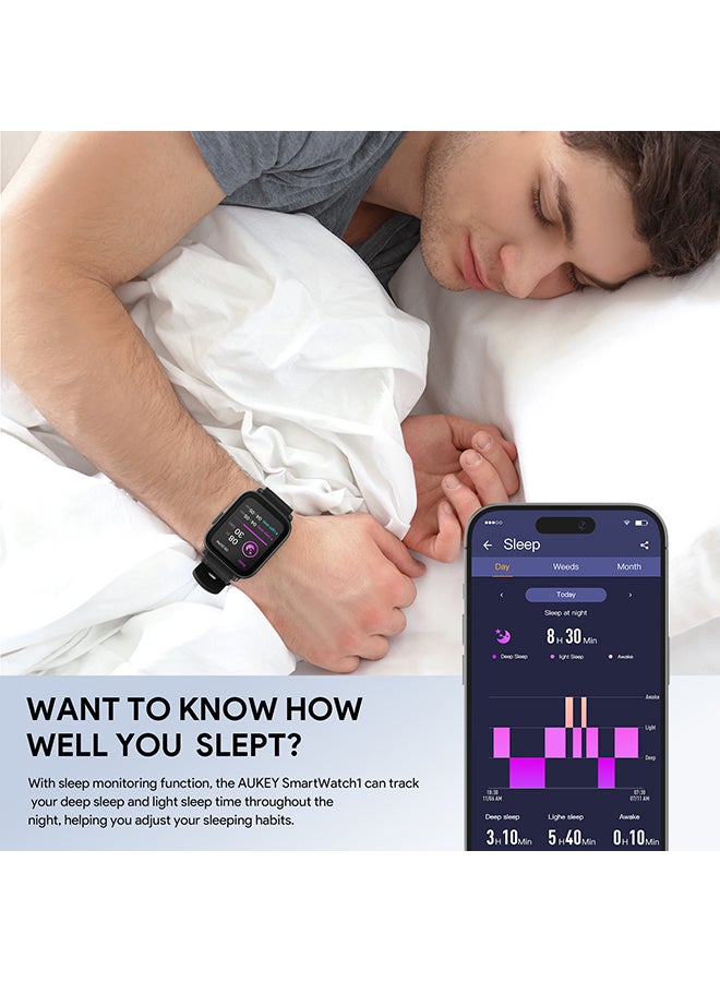 Aukey - Smartwatch with Calling Function, 1.69-inch TFT LCD display, IP68 Waterproof, 25 Days Battery Life Fitness Tracker with Sport & Health tracking & Customise faces SW-1 Black - Image 1