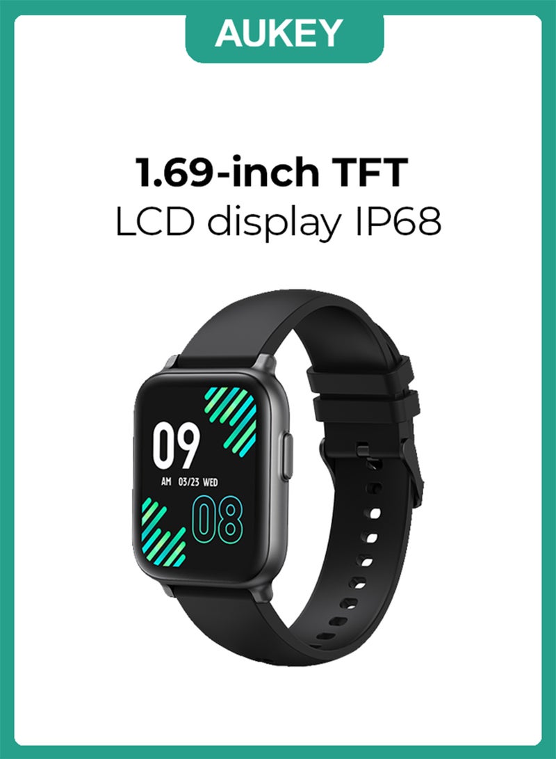 أوكي ساعة ذكية بشاشة TFT LCD مقاس 1.69 بوصة، مقاومة للماء بمعيار IP68، بطارية تصل لغاية ٢٥ يوم، تتبع اللياقة البدنية والحالة الصحية، وجوه مخصصة SW-1 أسود - Image 1