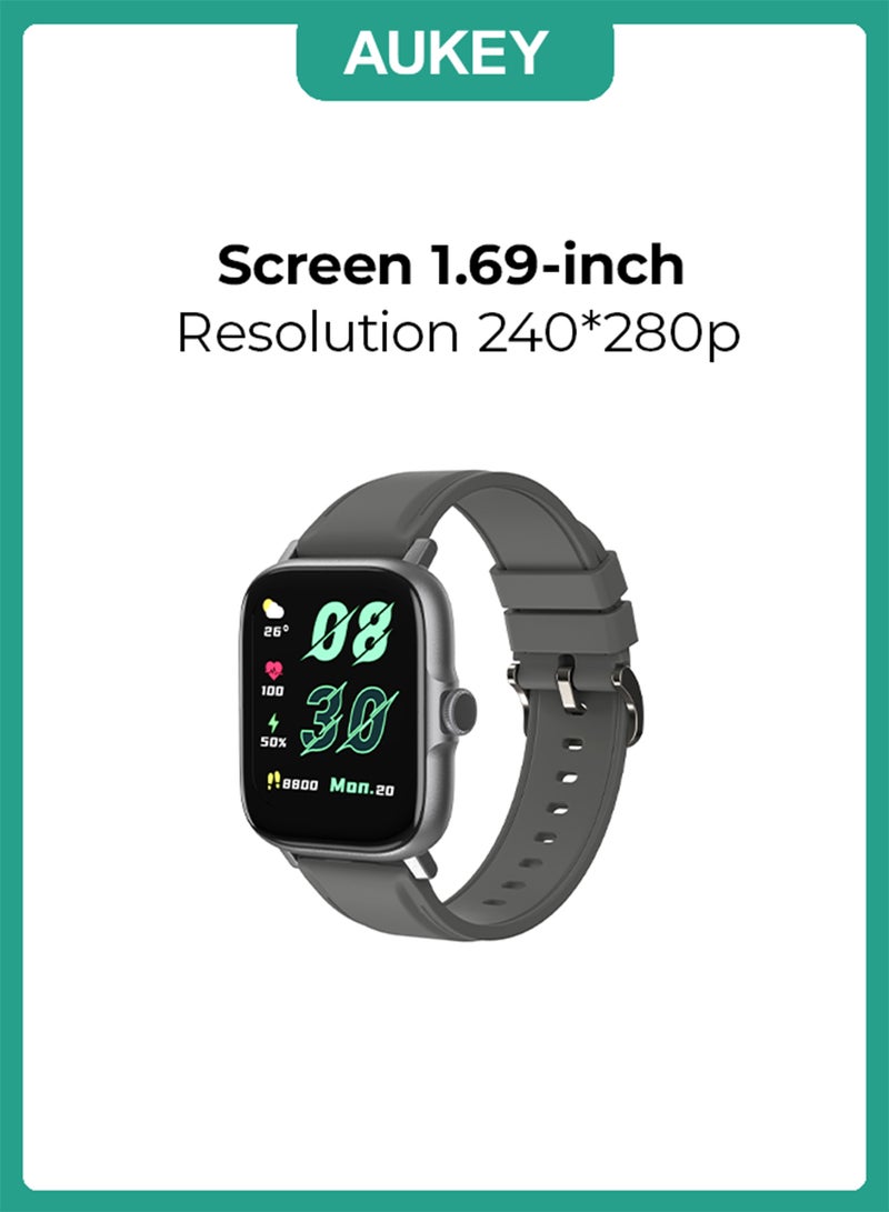 Aukey Smartwatch with Calling Function, 1.69-inch TFT LCD display, IP68 Waterproof, 12 Days Battery Life Fitness Tracker with Sport & Health tracking & Customize faces SW-1P Gray - Image 1