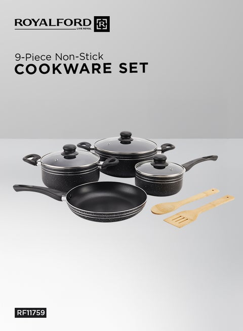 Royalford Ritz 9-Piece Non-Stick Cookware Set- Aluminum Body With 3-Layer Construction Cd Bottom Bakelite Handles And Glass Lid Black Includes 1x Casserole With Lid  24x10 cm, 1xCasserole With Lid 20x9 cm,1xSaucepan With Lid 16x7.5 cm, 1xFry Pan 24x4.5 cm, 1xBamboo Turner, 1xBamboo Spoon. Black 24x10 cm