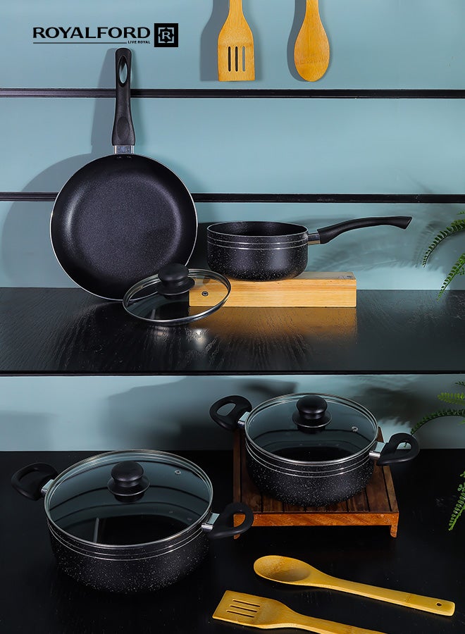 Royalford Ritz 9-Piece Non-Stick Cookware Set- Aluminum Body With 3-Layer Construction Cd Bottom Bakelite Handles And Glass Lid Black Includes 1x Casserole With Lid  24x10 cm, 1xCasserole With Lid 20x9 cm,1xSaucepan With Lid 16x7.5 cm, 1xFry Pan 24x4.5 cm, 1xBamboo Turner, 1xBamboo Spoon. Black 24x10 cm - Image 5