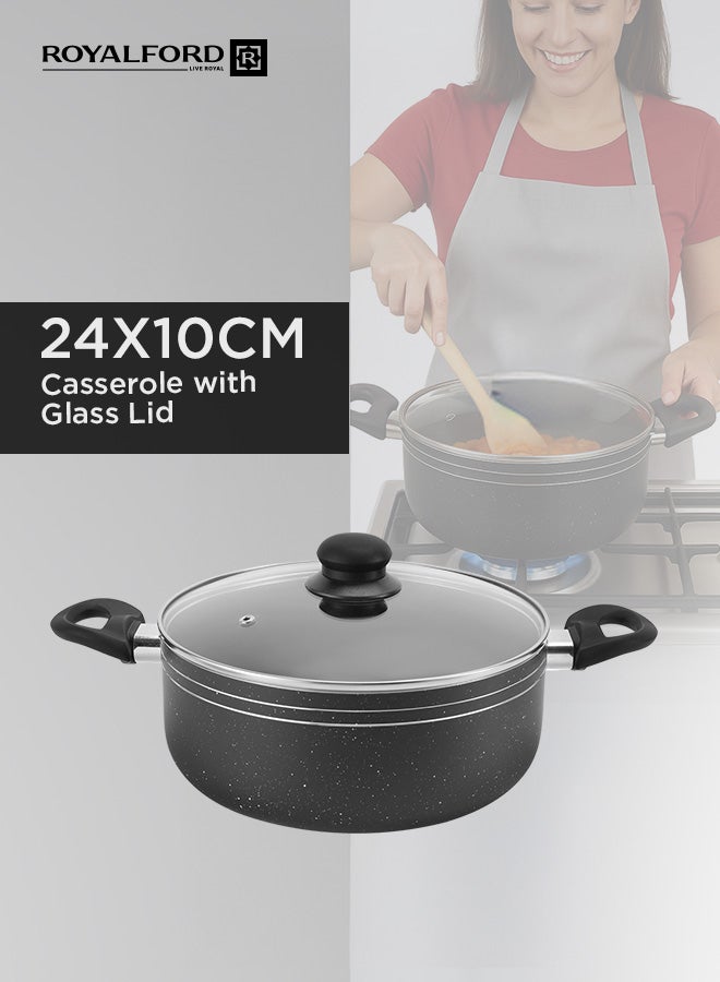 Royalford Ritz 9-Piece Non-Stick Cookware Set- Aluminum Body With 3-Layer Construction Cd Bottom Bakelite Handles And Glass Lid Black Includes 1x Casserole With Lid  24x10 cm, 1xCasserole With Lid 20x9 cm,1xSaucepan With Lid 16x7.5 cm, 1xFry Pan 24x4.5 cm, 1xBamboo Turner, 1xBamboo Spoon. Black 24x10 cm - Image 2