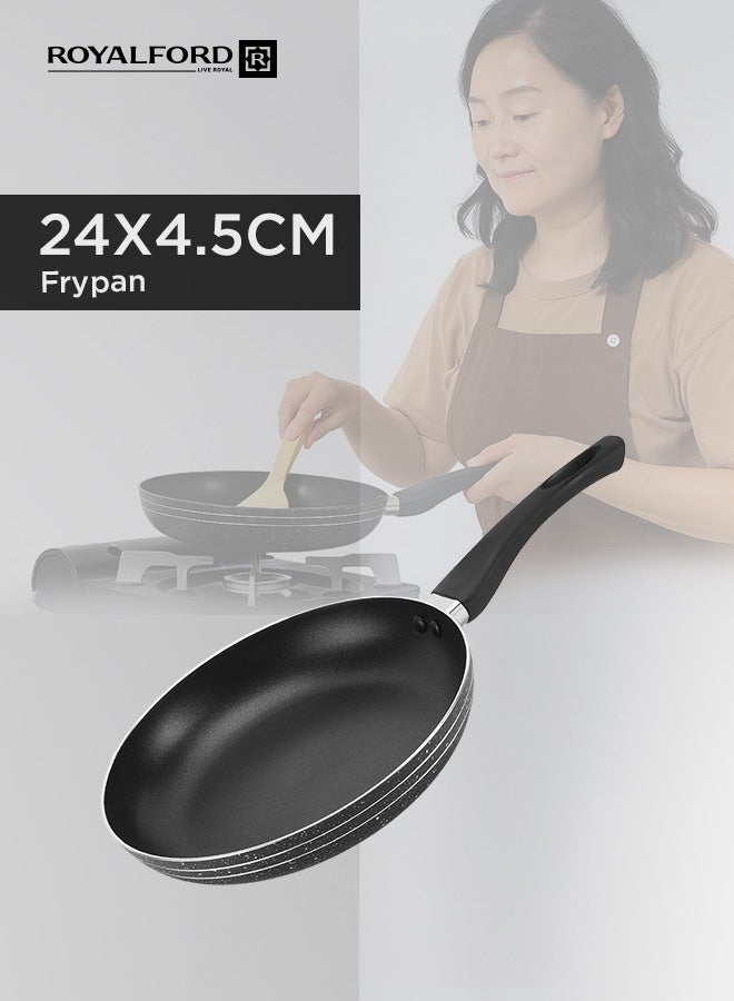 Royalford Ritz 9-Piece Non-Stick Cookware Set- Aluminum Body With 3-Layer Construction Cd Bottom Bakelite Handles And Glass Lid Black Includes 1x Casserole With Lid  24x10 cm, 1xCasserole With Lid 20x9 cm,1xSaucepan With Lid 16x7.5 cm, 1xFry Pan 24x4.5 cm, 1xBamboo Turner, 1xBamboo Spoon. Black 24x10 cm - Image 4