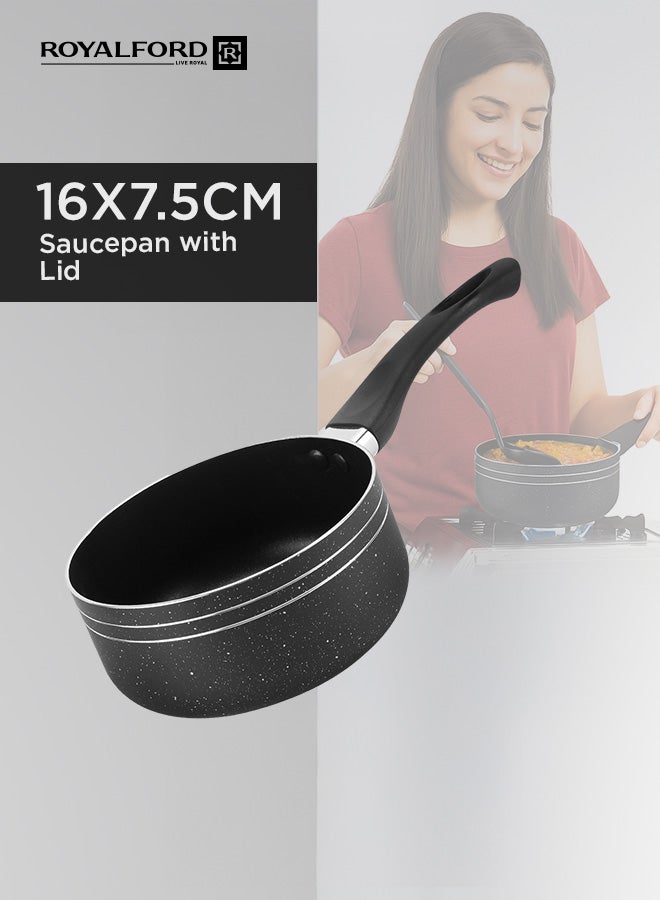 Royalford Ritz 9-Piece Non-Stick Cookware Set- Aluminum Body With 3-Layer Construction Cd Bottom Bakelite Handles And Glass Lid Black Includes 1x Casserole With Lid  24x10 cm, 1xCasserole With Lid 20x9 cm,1xSaucepan With Lid 16x7.5 cm, 1xFry Pan 24x4.5 cm, 1xBamboo Turner, 1xBamboo Spoon. Black 24x10 cm - Image 3