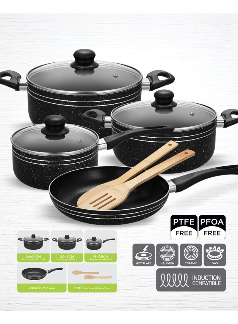 Royalford Ritz 9-Piece Non-Stick Cookware Set- Aluminum Body With 3-Layer Construction Cd Bottom Bakelite Handles And Glass Lid Black Includes 1x Casserole With Lid  24x10 cm, 1xCasserole With Lid 20x9 cm,1xSaucepan With Lid 16x7.5 cm, 1xFry Pan 24x4.5 cm, 1xBamboo Turner, 1xBamboo Spoon. Black 24x10 cm - Image 5