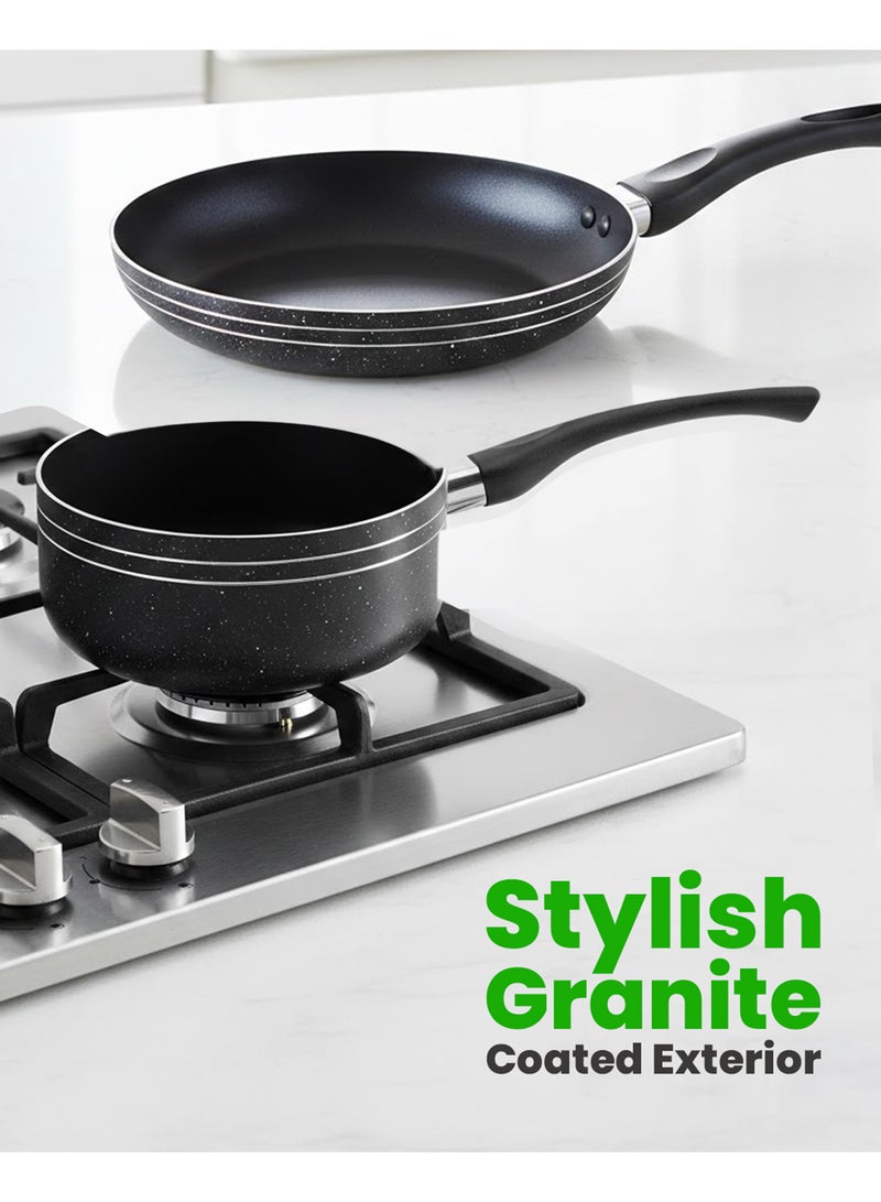 Royalford Ritz 9-Piece Non-Stick Cookware Set- Aluminum Body With 3-Layer Construction Cd Bottom Bakelite Handles And Glass Lid Black Includes 1x Casserole With Lid  24x10 cm, 1xCasserole With Lid 20x9 cm,1xSaucepan With Lid 16x7.5 cm, 1xFry Pan 24x4.5 cm, 1xBamboo Turner, 1xBamboo Spoon. Black 24x10 cm - Image 3