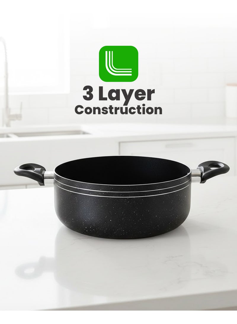 Royalford Ritz 9-Piece Non-Stick Cookware Set- Aluminum Body With 3-Layer Construction Cd Bottom Bakelite Handles And Glass Lid Black Includes 1x Casserole With Lid  24x10 cm, 1xCasserole With Lid 20x9 cm,1xSaucepan With Lid 16x7.5 cm, 1xFry Pan 24x4.5 cm, 1xBamboo Turner, 1xBamboo Spoon. Black 24x10 cm - Image 2