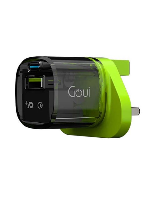 Mini30 PD Ultra Fast Wall Charger with Smart Charging Technology And 2 USB Ports – GaN-Powered, Compact And Efficient Charger for iPhones, iPads, Digital Cameras, MP3/MP4 Players And USB-Compatible Devices - Black/Green