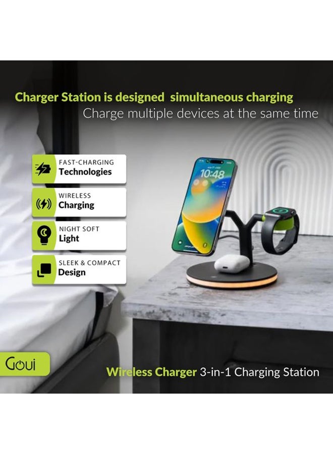 Goui - DOCK-Y Wireless Charger 3-in-1 Charging Station: Fast PD & QC3.0 Support, Apple Watch & MagSafe Compatible, and Multi-Device Charging Solution - Black/Green - Image 1