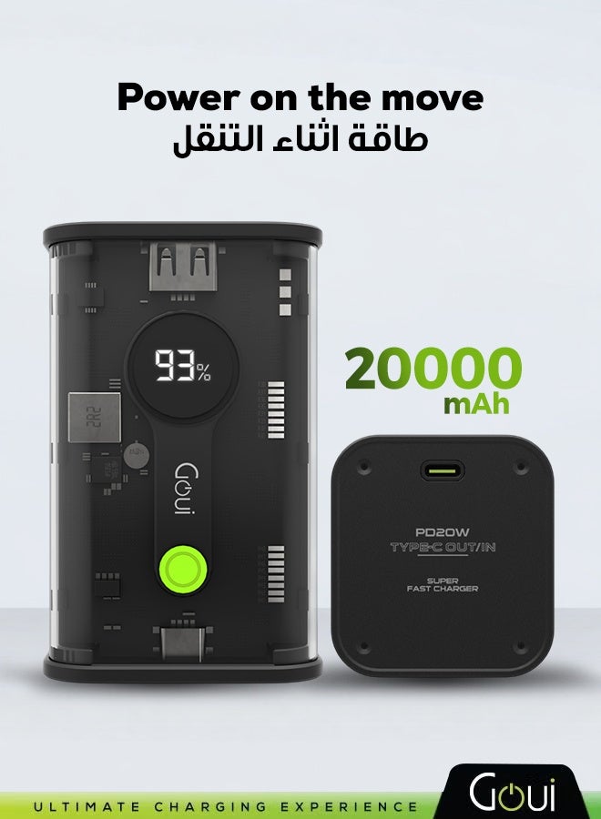 20000 mAh Nano Transparent Power Bank – 20W PD & QC 3.0 Technology, Digital Display, Portable Fast Charging for iPhones, Samsung, Galaxy, iPad Pro, AirPods, Huawei, Tablets, GPS devices, MP3/MP4 players, and more Black
