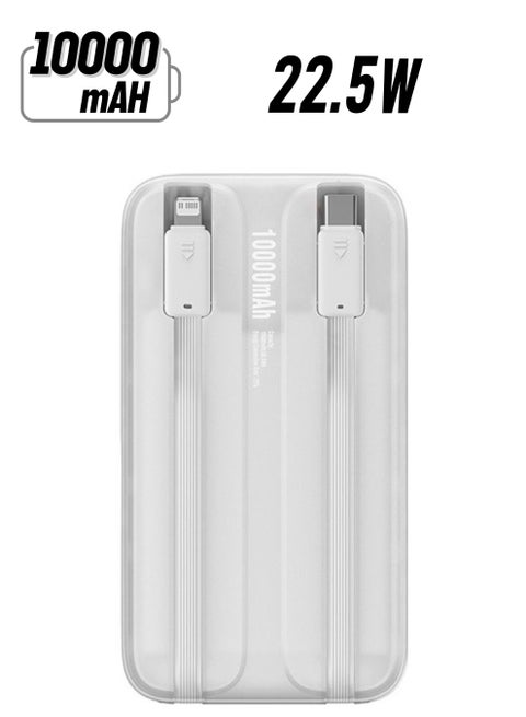 10000 mAh Portable Charger Power Bank Built-In Dual Fast Charging Cables Lightning For Iphone And Usb C Android Devices White