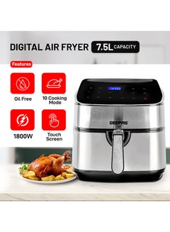 GEEPAS Digital Air Fryer 7.5 L Capacity With 5.5 L Inner Basket| Equipped With Vortex Air Frying Technology Digital Display With Touch Screen 7.5 L 1800 W GAF37530UK Black and Silver  - Image 3