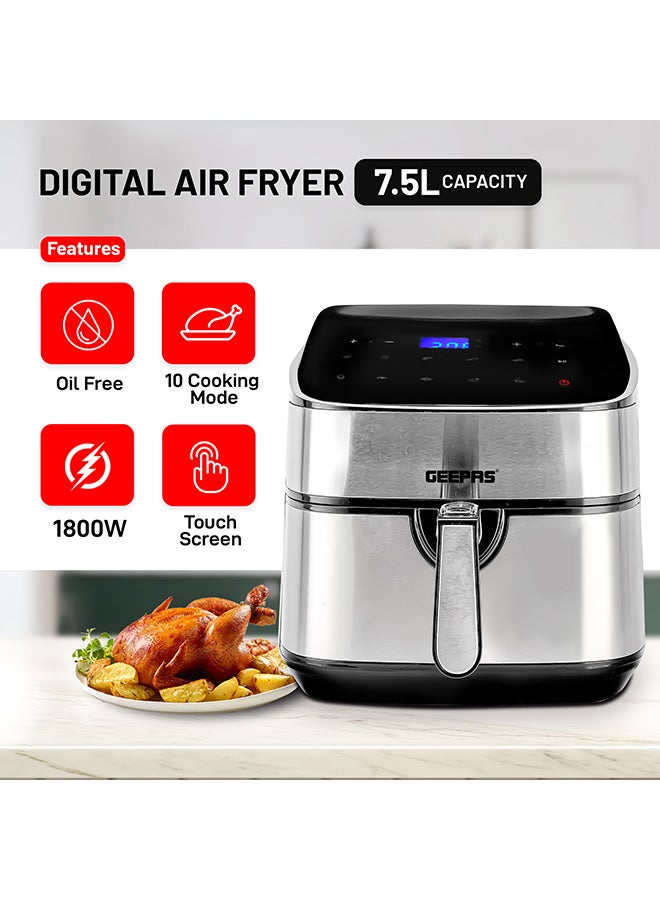 GEEPAS - Digital Air Fryer 7.5 L Capacity With 5.5 L Inner Basket| Equipped With Vortex Air Frying Technology Digital Display With Touch Screen 7.5 L 1800 W GAF37530UK Black and Silver - Image 1