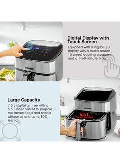 GEEPAS Digital Air Fryer 7.5 L Capacity With 5.5 L Inner Basket| Equipped With Vortex Air Frying Technology Digital Display With Touch Screen 7.5 L 1800 W GAF37530UK Black and Silver  - Image 5