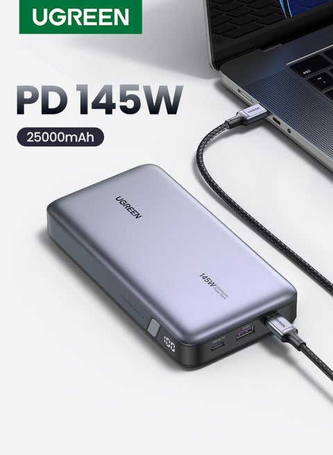 باور بانك محمول 25000mAh بقدرة 145 واط للاب توب، شحن سريع بـ3 منافذ، شاشة عرض رقمية ذكية USB C متوافق مع ماك بوك برو/اير، ديل، ايباد، ايفون، ستيم ديك، والمزيد 25000 mAh