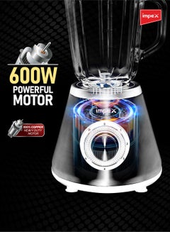 Impex 2 in 1 Blender & Ice Crusher  - 600W Powerful Copper Motor, 1.5L Glass Blender Jar with 6 Stainless Steel Ice-Crushing Blades, 150g Glass Grinder Jar, 5-Speed Control with Pulse, Stainless Steel Housing, Motor Overheat Protection 1.5 L 600 W BL 3507 Silver/Black  - Image 5