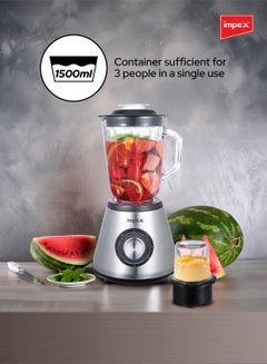 Impex 2 in 1 Blender & Ice Crusher  - 600W Powerful Copper Motor, 1.5L Glass Blender Jar with 6 Stainless Steel Ice-Crushing Blades, 150g Glass Grinder Jar, 5-Speed Control with Pulse, Stainless Steel Housing, Motor Overheat Protection 1.5 L 600 W BL 3507 Silver/Black  - Image 3