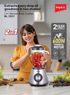 Impex 2 in 1 Blender & Ice Crusher  - 600W Powerful Copper Motor, 1.5L Glass Blender Jar with 6 Stainless Steel Ice-Crushing Blades, 150g Glass Grinder Jar, 5-Speed Control with Pulse, Stainless Steel Housing, Motor Overheat Protection 1.5 L 600 W BL 3507 Silver/Black  - Image 2