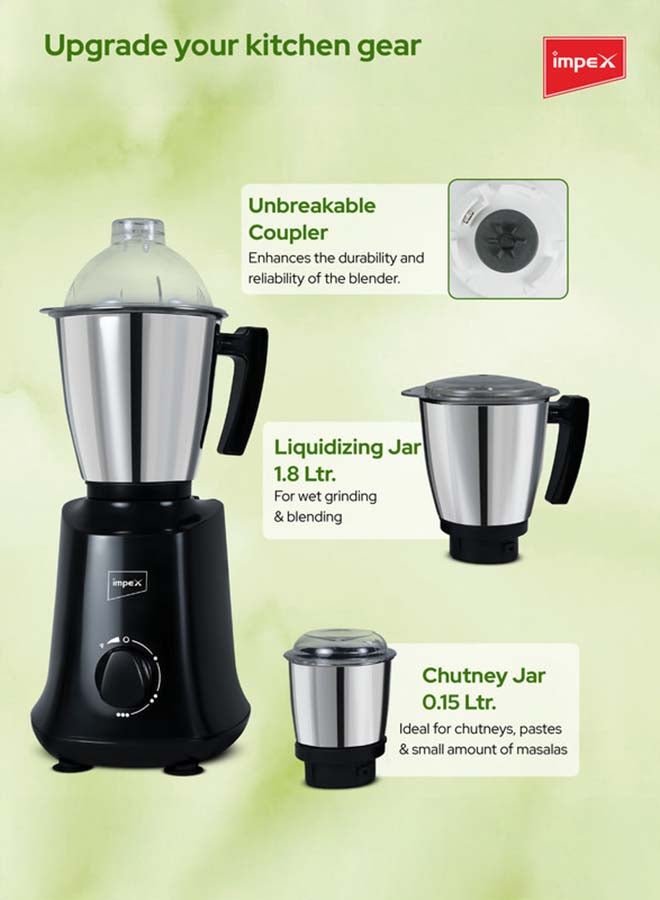 Impex 3 in 1 Mixer Grinder, Heavy Stainless Steel Jars, Heat-Resistant ABS Jar Base, Durable Copper Bushes, Universal Motor, 3-Speed & Pulse, Overheat Protection, Liquidizing, Dry, and Chutney Jar, 220-240V 750 W BL 390 Black - Image 3