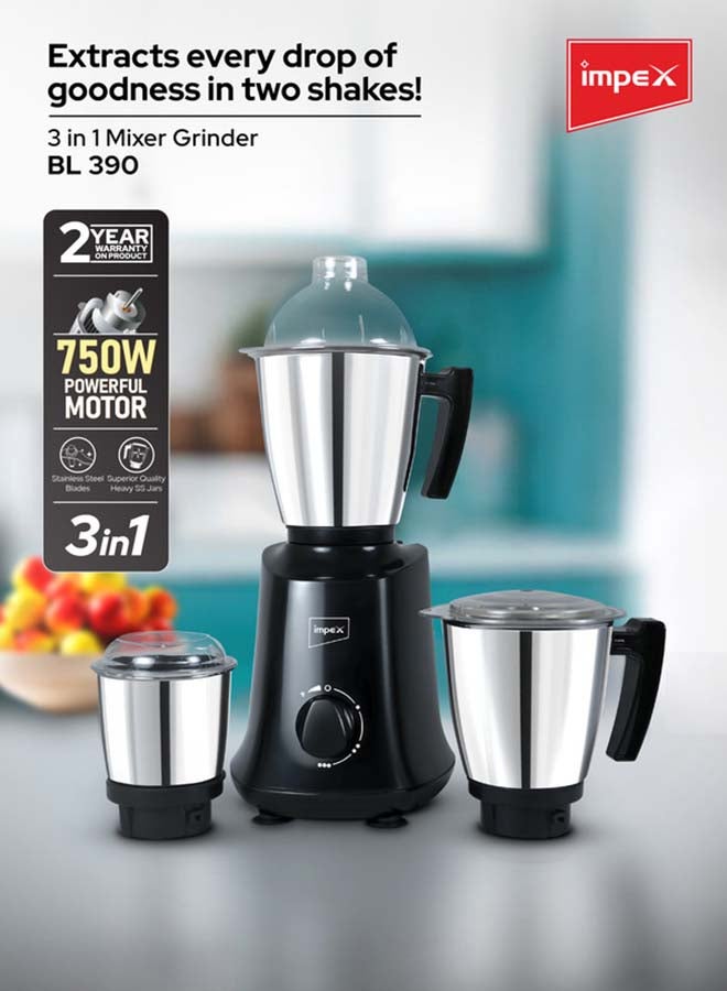 Impex 3 in 1 Mixer Grinder, Heavy Stainless Steel Jars, Heat-Resistant ABS Jar Base, Durable Copper Bushes, Universal Motor, 3-Speed & Pulse, Overheat Protection, Liquidizing, Dry, and Chutney Jar, 220-240V 750 W BL 390 Black - Image 2
