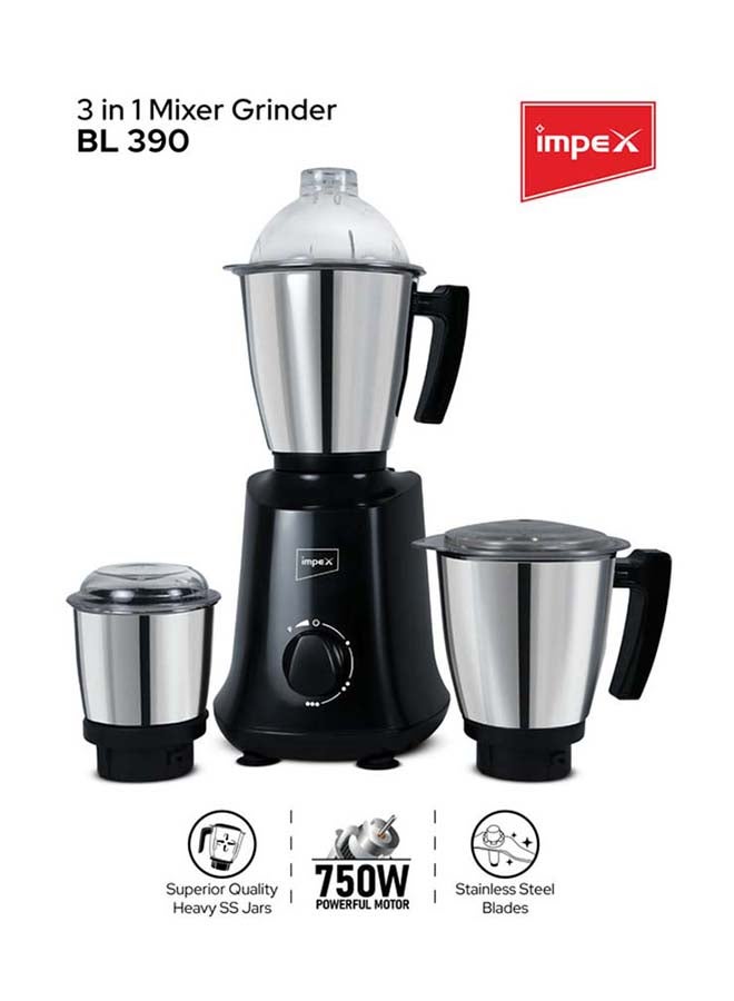 Impex 3 in 1 Mixer Grinder, Heavy Stainless Steel Jars, Heat-Resistant ABS Jar Base, Durable Copper Bushes, Universal Motor, 3-Speed & Pulse, Overheat Protection, Liquidizing, Dry, and Chutney Jar, 220-240V 750 W BL 390 Black - Image 1