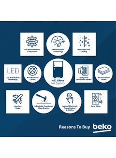 Beko Refrigerator 550 Liters Gross(422 Net) Capacity, Double Door, Top Mount, No Frost, Harvest Fresh Technology, NeoFrost Dual Cooling, Low Noise, CoolRoom, 10 Years Warranty on ProSmart Inverter Compressor 130 W RDNT550XS Grey/Brushed Silver  - Image 5