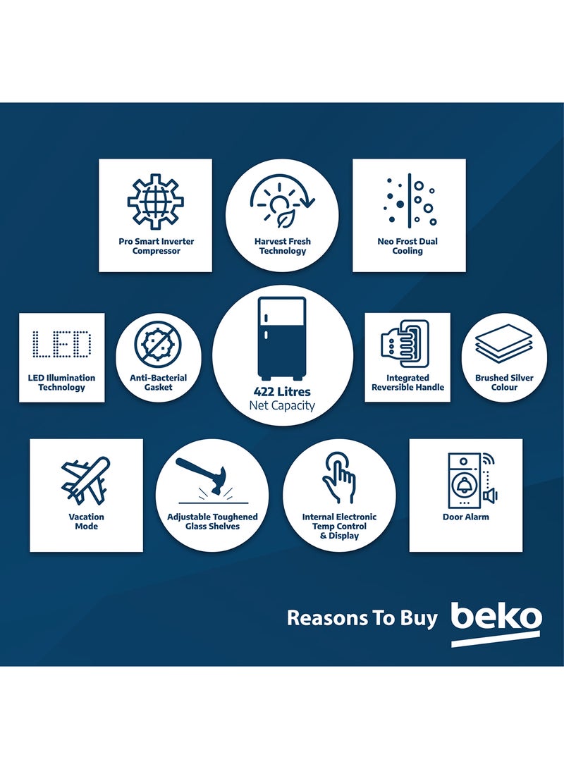 Beko Refrigerator 550 Liters Gross(422 Net) Capacity, Double Door, Top Mount, No Frost, Harvest Fresh Technology, NeoFrost Dual Cooling, Low Noise, CoolRoom, 10 Years Warranty on ProSmart Inverter Compressor 130 W RDNT550XS Grey/Brushed Silver  - Image 5