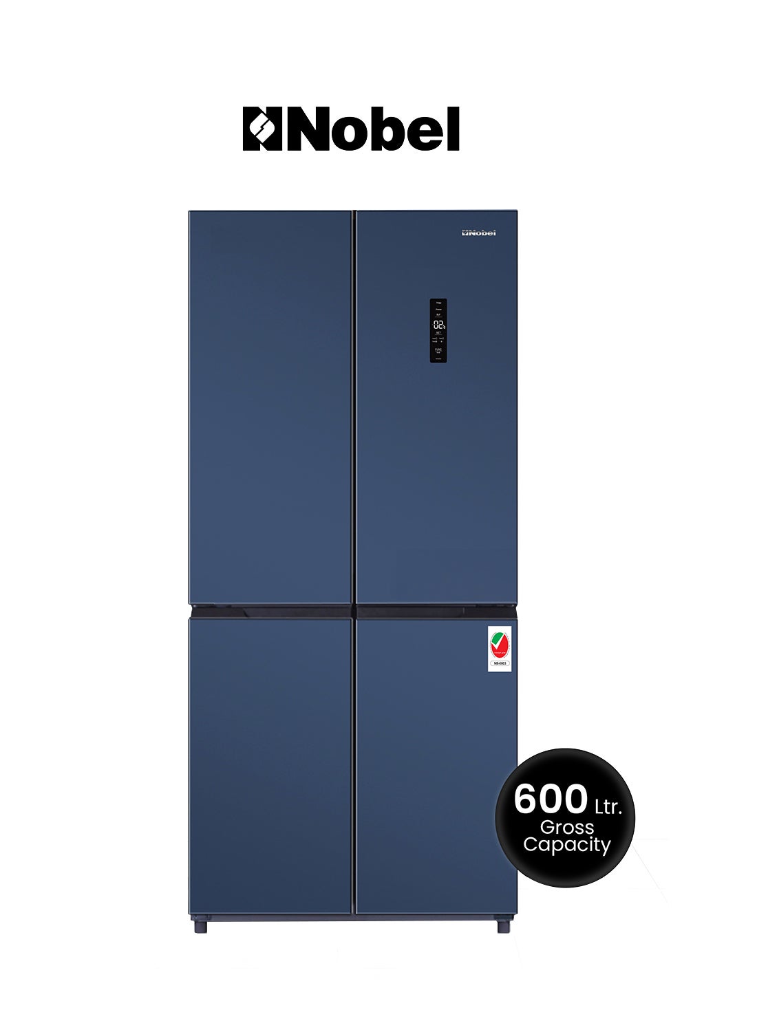 Nobel 600 Gross Ltr French Four Door Bottom Freezer Refrigerator, No Frost, Inverter, Tropical Cooling, Digital Display, R600a, 4 Star Esma, 83 x 65 x185.5 Cm NR640 Blue 