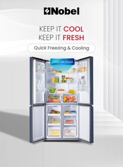 Nobel 600 Gross Ltr French Four Door Bottom Freezer Refrigerator, No Frost, Inverter, Tropical Cooling, Digital Display, R600a, 4 Star Esma, 83 x 65 x185.5 Cm NR640 Blue  - Image 3