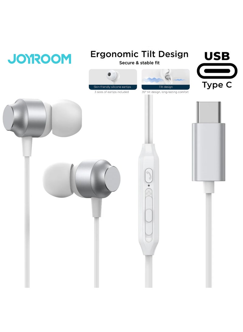 JOYROOM - In-Ear Type C Headphones Wired Earphones With Microphone USB-C Earbuds Sound Noise Isolating Compatible New iPad, iPad Pro, Samsung Galaxy, iPad Air Etc 1.2M White - Image 1