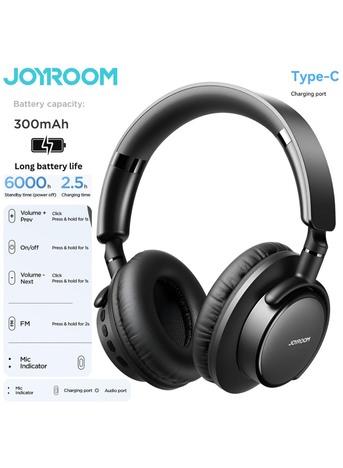 JOYROOM Wireless On Ear Headphones, Pure Bass Sound, Speed Charge, Fast USB Type-C, Multi-Point Connection, Voice Assistant With Noise Cancelling Microphone Black 