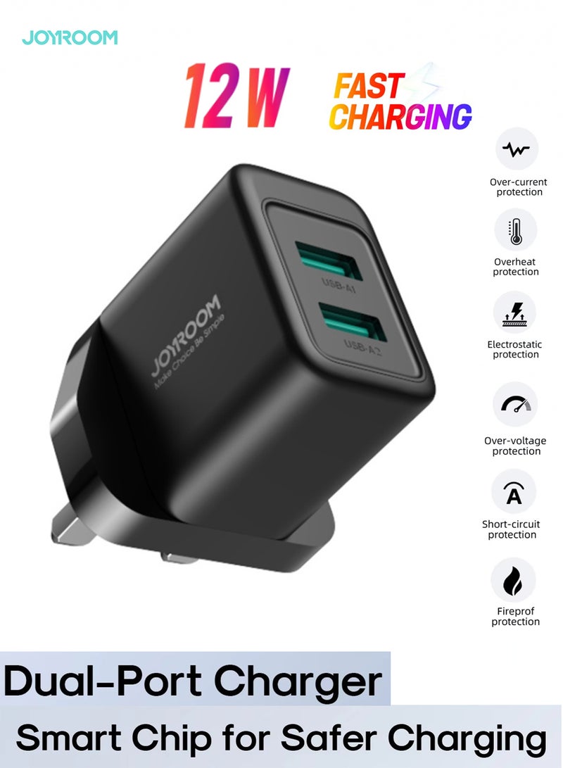 JOYROOM Dual Usb Wall Charger 12W | Smart Safe Fast Charging For Iphone, Samsung & Home Devices | Won’T Overheat Or Damage Appliances Black  - Image 1