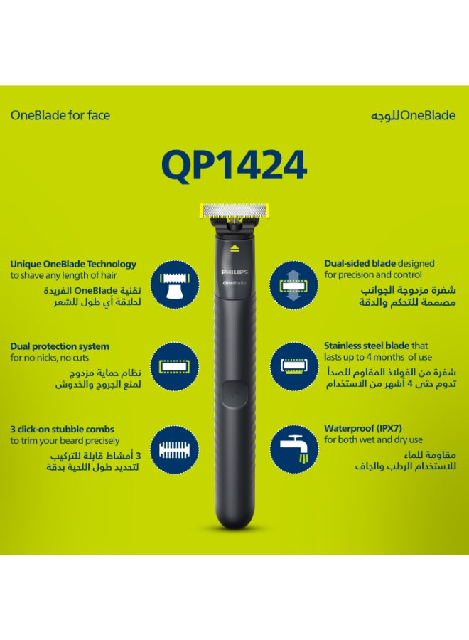 فيليبس - ماكينة OneBlade QP1424/10 من Philips | تشذيب، تحديد، وحلاقة أي طول 
للشعر | 2 أمشاط لشعر الذقن الخفيف، شفرة مزدوجة الجوانب | للاستخدام الرطب والجاف، 30 دقيقة من الاستخدام اللاسلكي 0.15جرام - Image 1