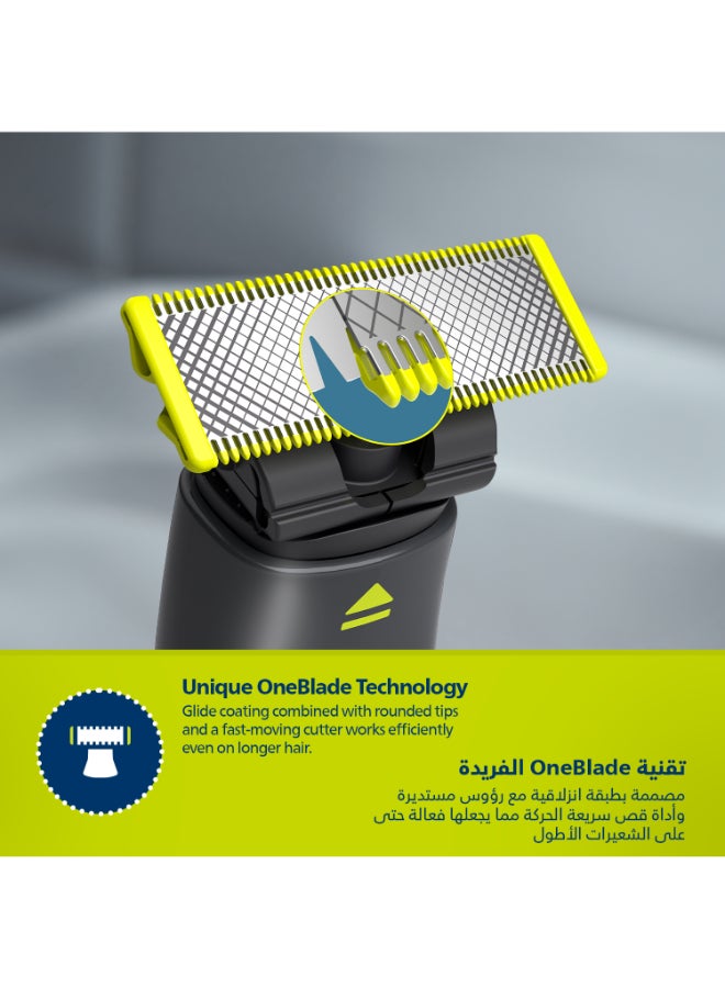 فيليبس - ماكينة OneBlade QP1424/10 من Philips | تشذيب، تحديد، وحلاقة أي طول 
للشعر | 2 أمشاط لشعر الذقن الخفيف، شفرة مزدوجة الجوانب | للاستخدام الرطب والجاف، 30 دقيقة من الاستخدام اللاسلكي 0.15جرام - Image 1