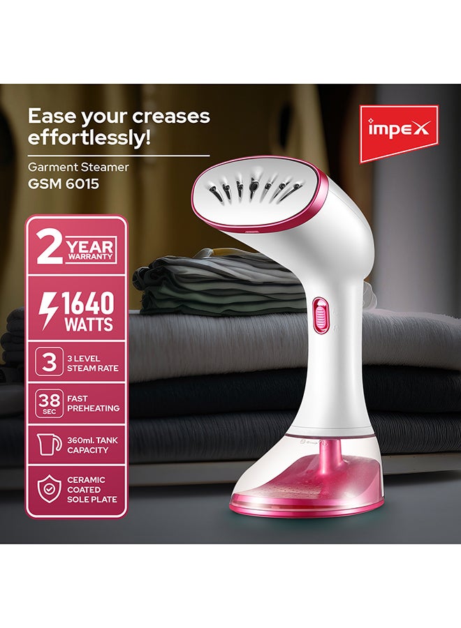 Impex - Handheld Garment Steamer 360 ml 1640 W GSM 6015 Pink/White - Image 1