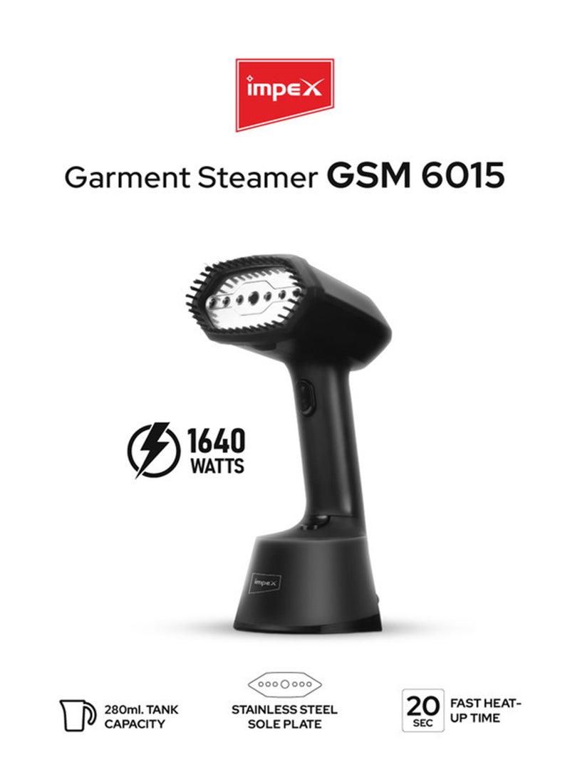 Impex Handheld Garment Steamer | Portable Steam Iron for Clothes | Clothes Steamer with Powerful Burst Steam | 20-Seconds Fast Heat-Up Wrinkle Remover | Stainless Steel Soleplate | Detachable Brush | Overheat Protection | 1640 Watts | GSM6015 360 ml 1640 W GSM6015 Black - Image 1